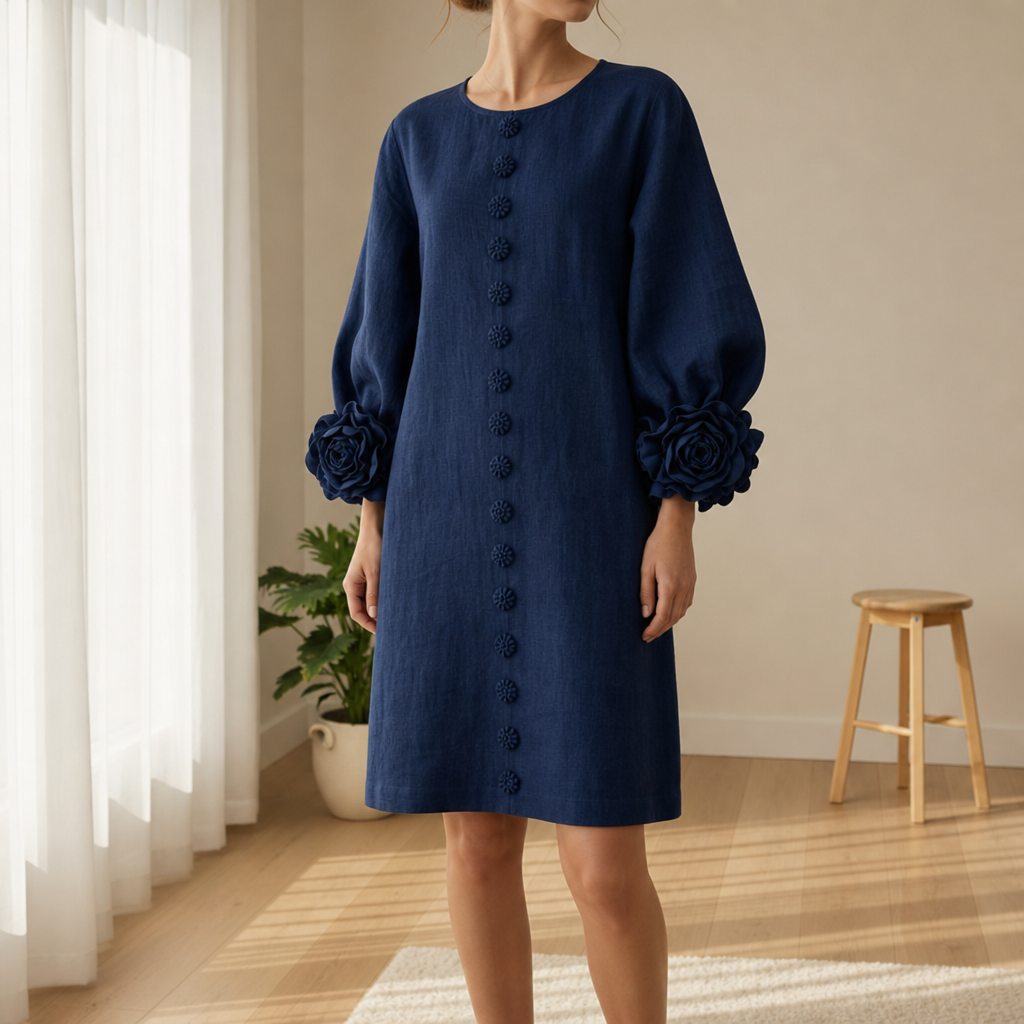 Marvao Rosette Cuff Linen Dress in Navy