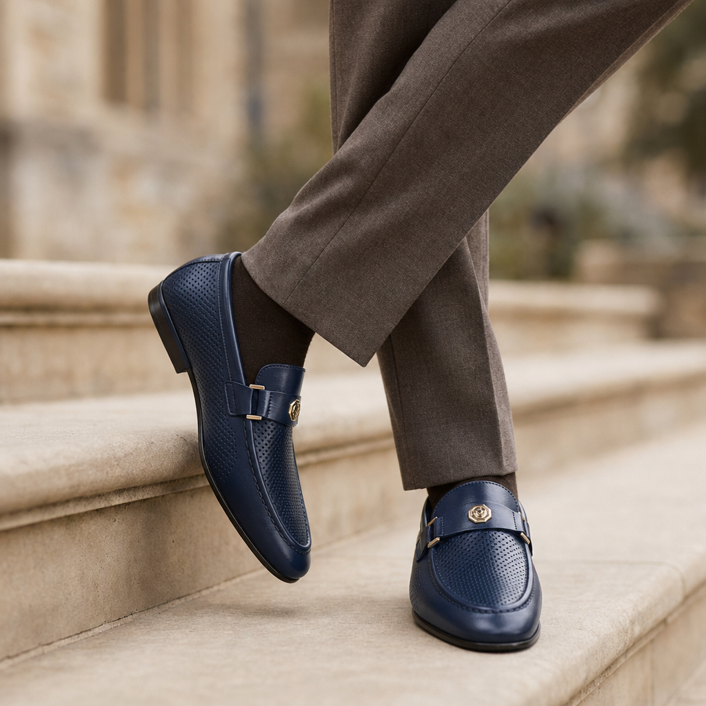 Evora Perforated Leather Loafers in Navy