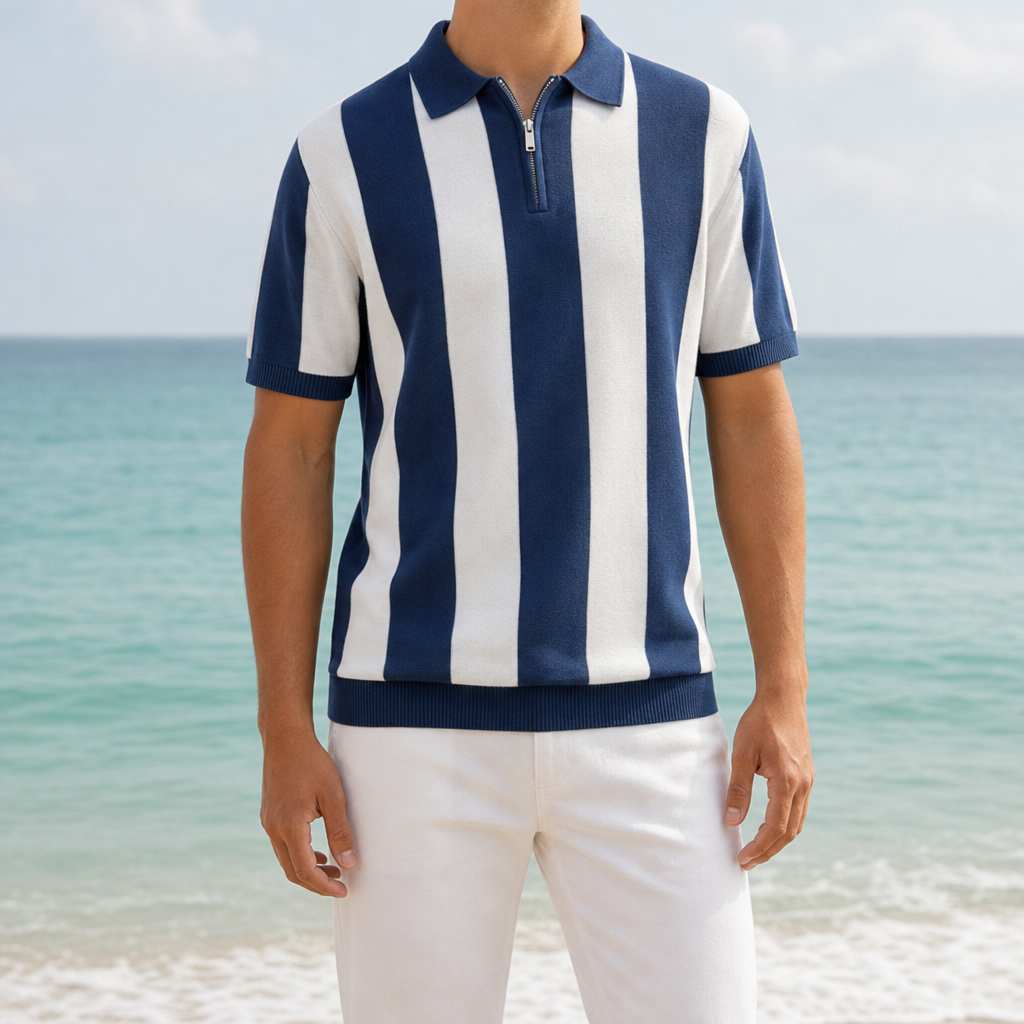 Urbino Striped Zip Polo in Navy