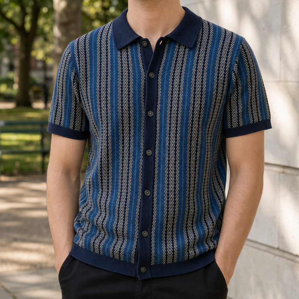 Tivoli Striped Knit Polo in Navy