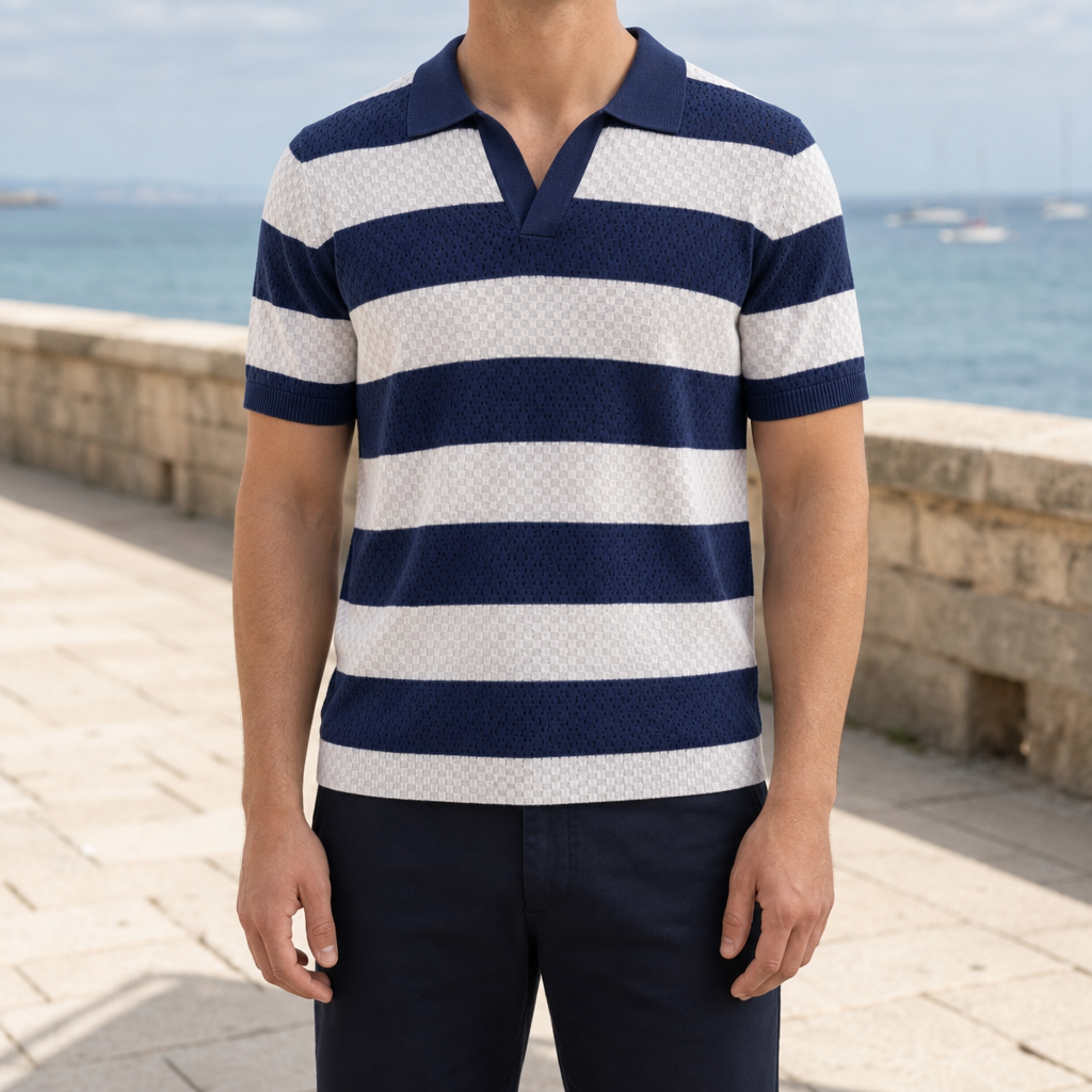 Menorca Checkered Knit Polo in Navy