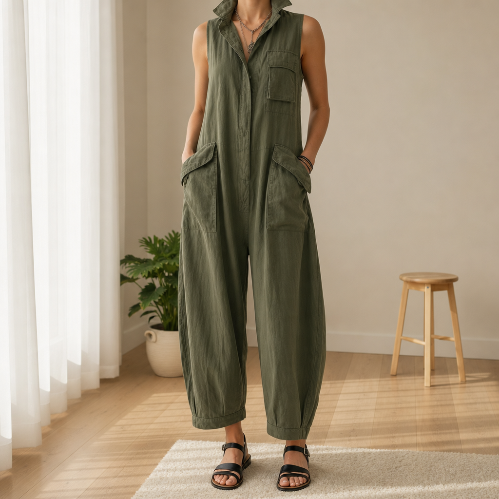 Samos Sleeveless Cargo Jumpsuit in Olive
