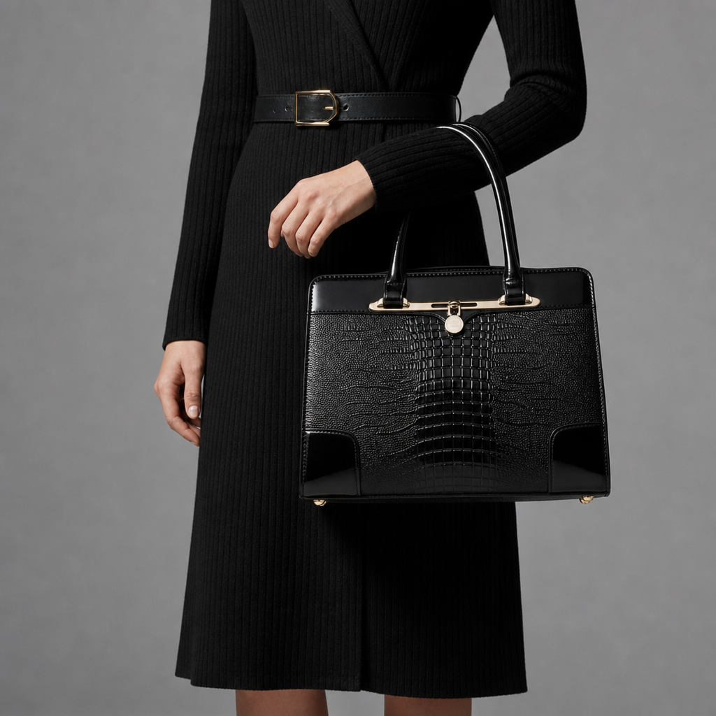 Mestino Croc Embossed Frame Satchel in Onyx