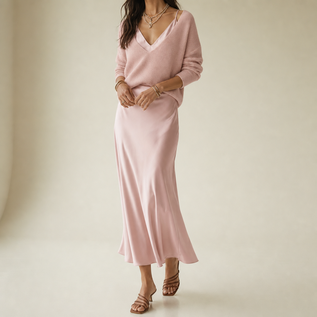 Pylos Satin Midi Skirt Set in Pink