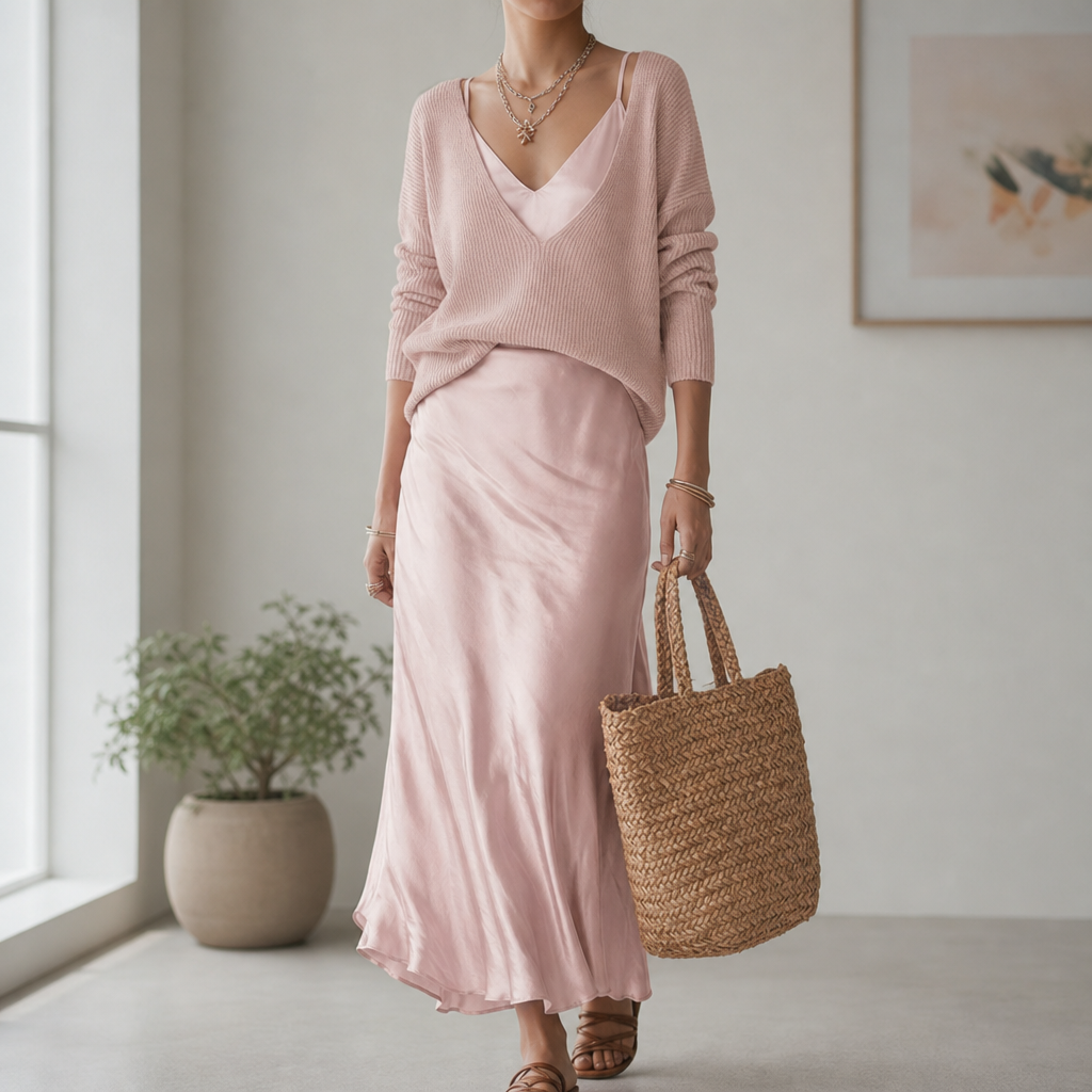 Vence Knit Sweater Satin Set in Pink