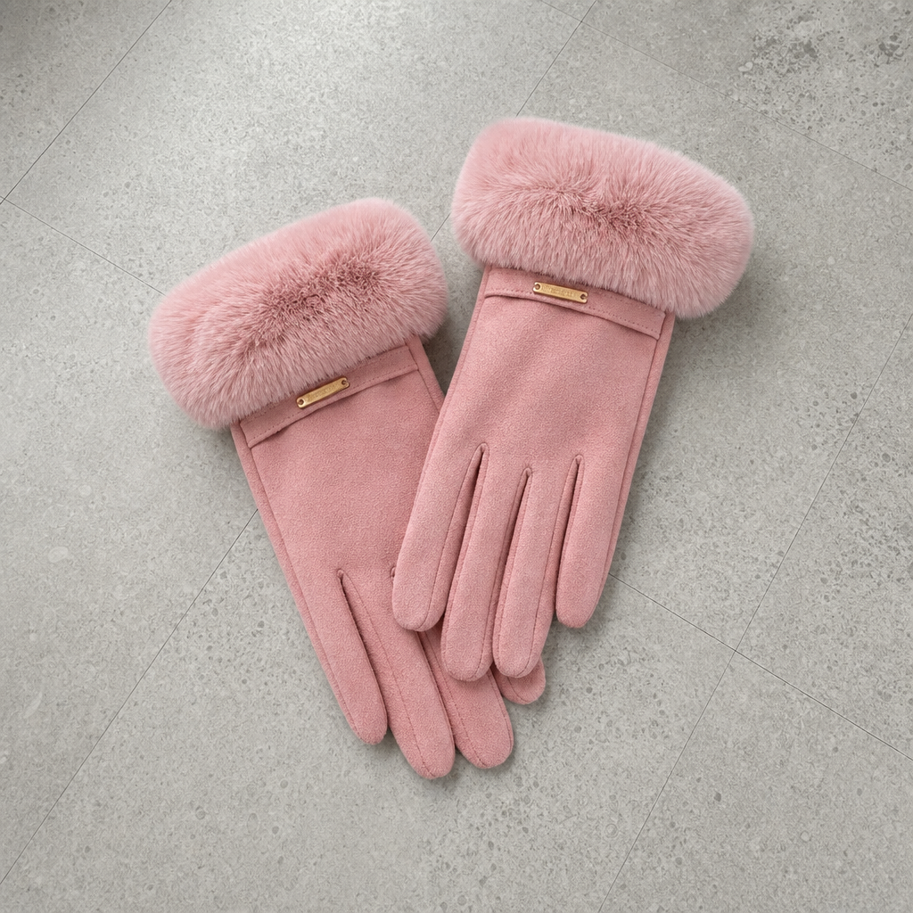 Girona Fur Trim Suede Gloves in Pink