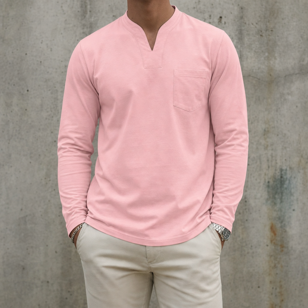 Tropea V-Neck Long Sleeve Tee in Pockets-Pink