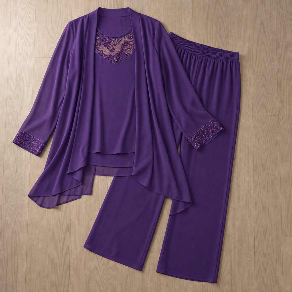Poros Chiffon Three-Piece Suit in Purple