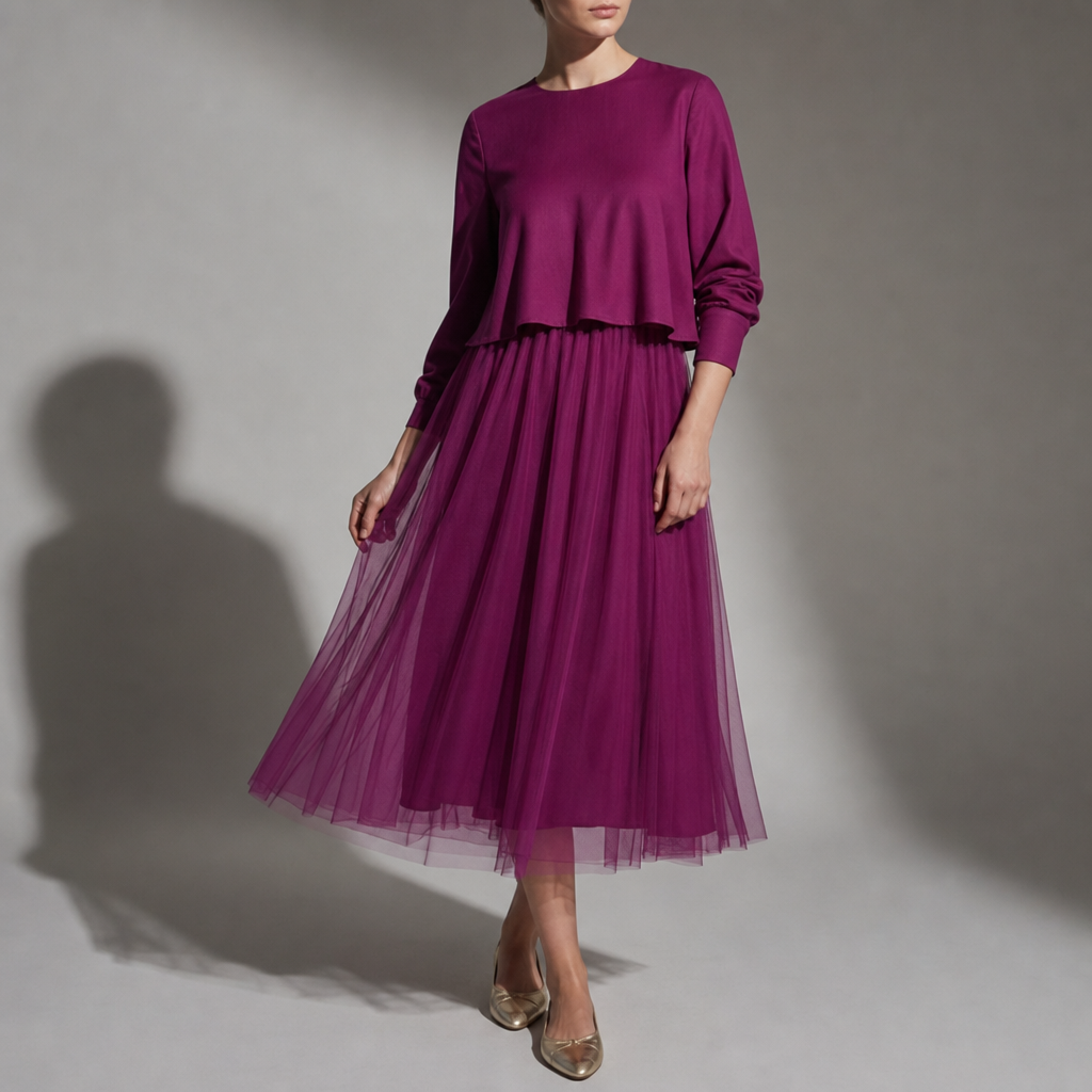 Ios Layered Tulle Midi Dress in Purple