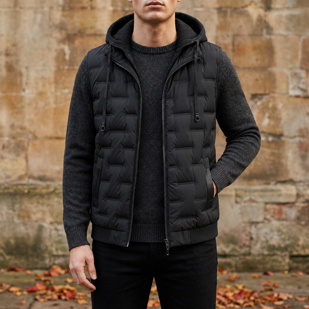 Paxos Hooded Quilted Puffer Vest in Raven Black
