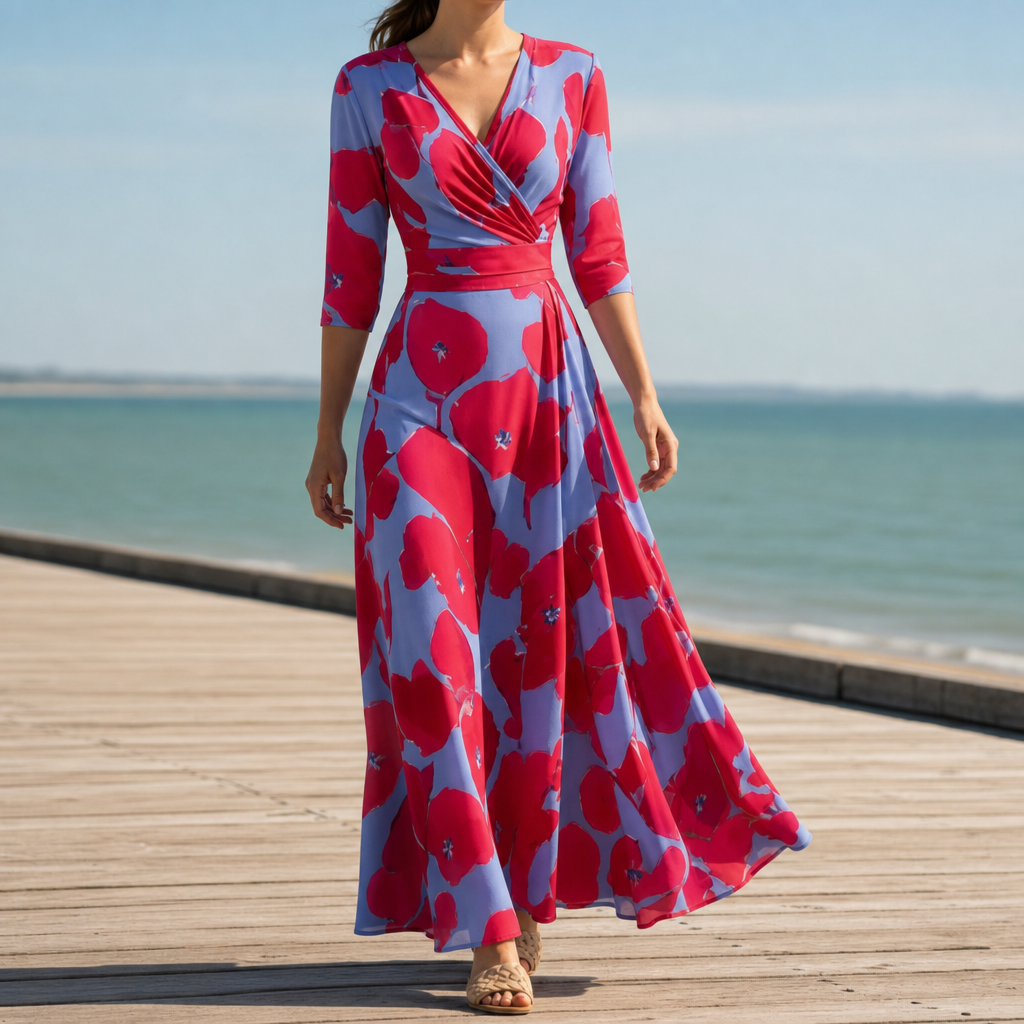 Kefalonia Floral Wrap Maxi Dress in Red Blue