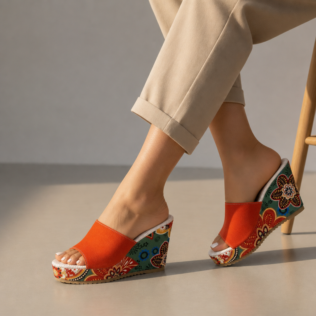 Uzes Boho Floral Wedge Mules in Red