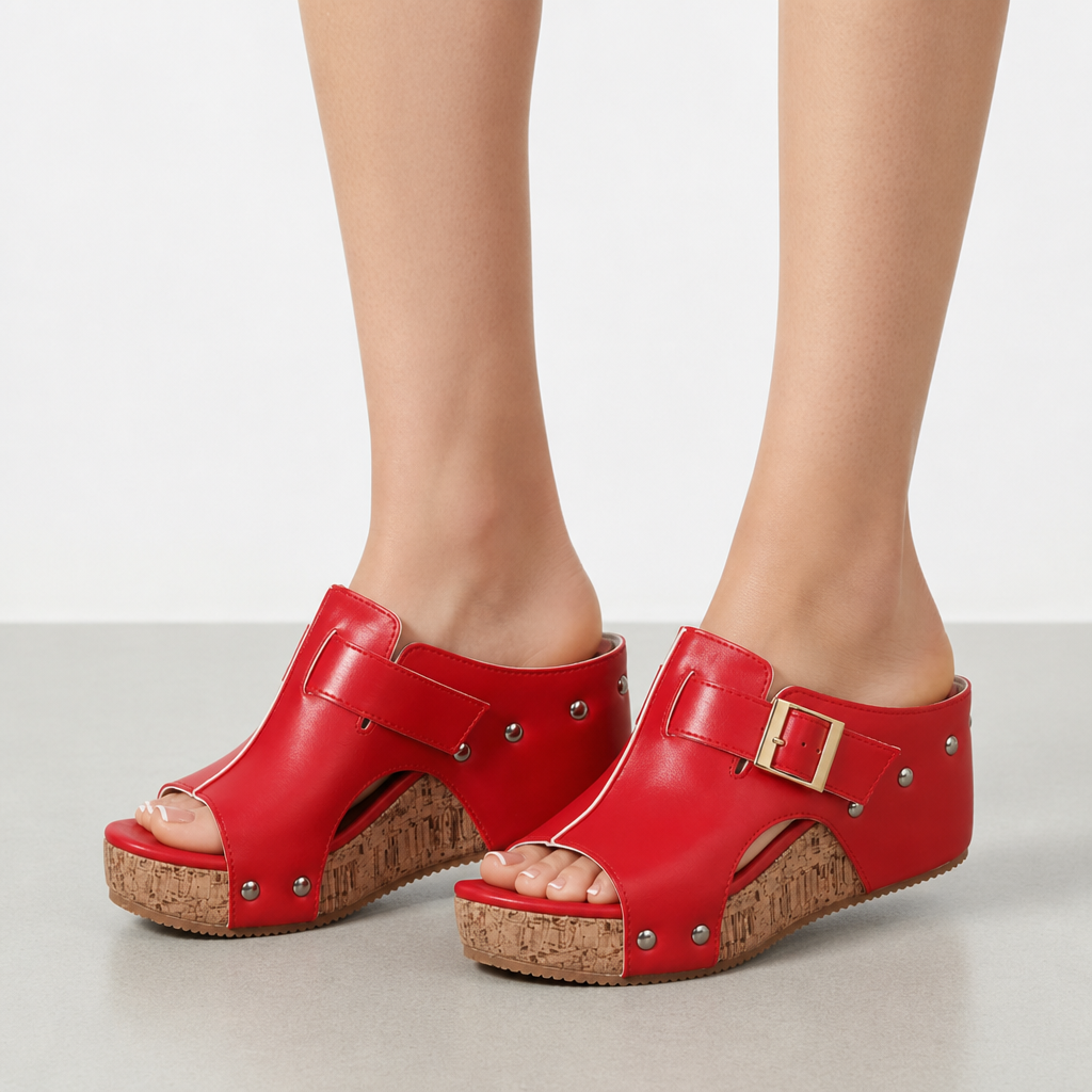 Cannes Cork Wedge Buckle Mules in Red