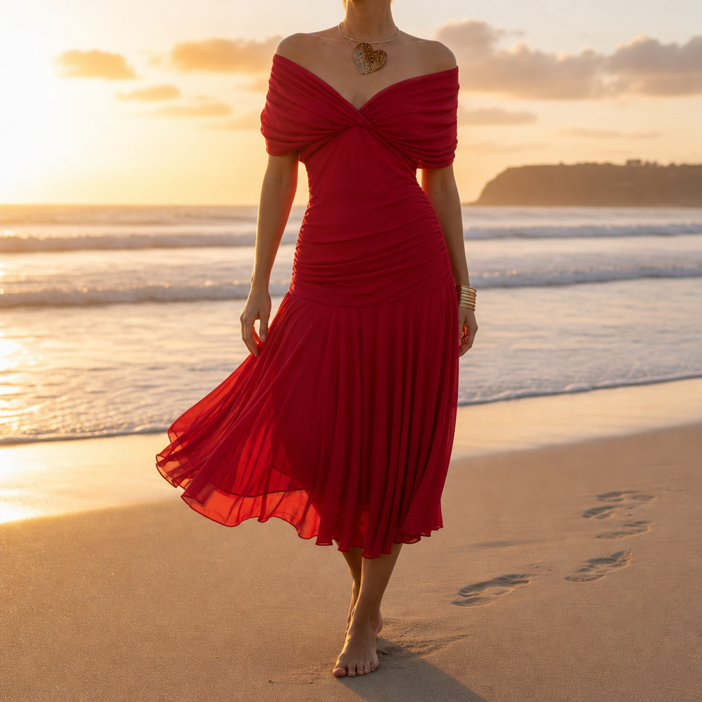 Caceres Ruched Chiffon Midi Dress in Red