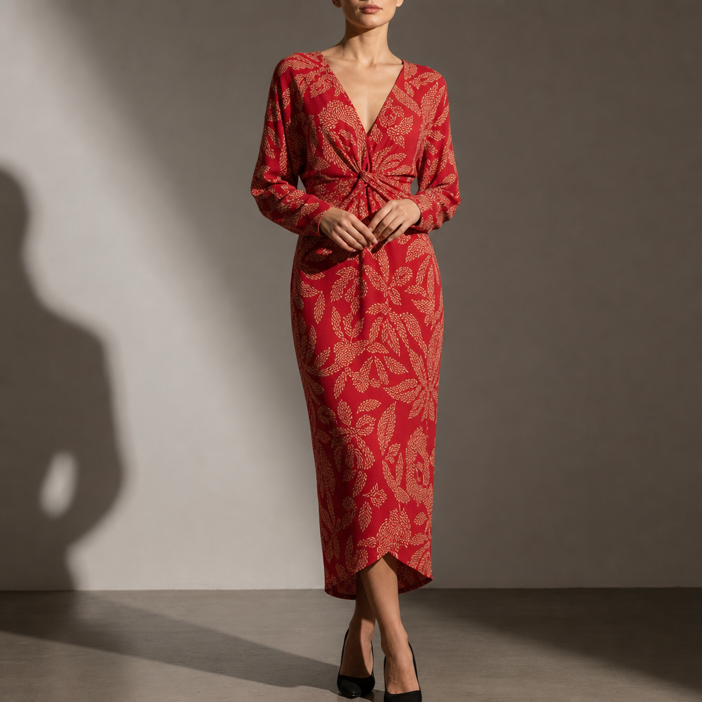 Kakopetria Printed Twist Midi Dress in Red
