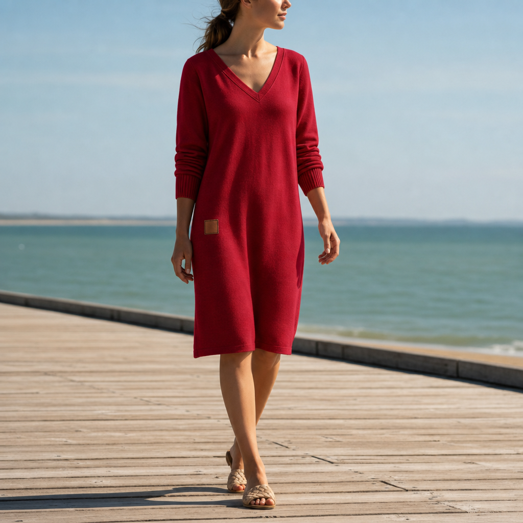 Formentera V-Neck Cozy Midi Dress in Red