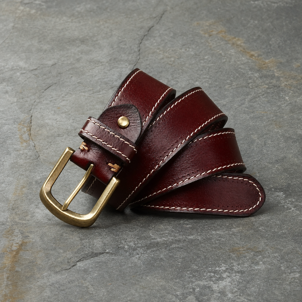 Porto Vecchio Hand-Stitched Leather Belt in Reddish Brown