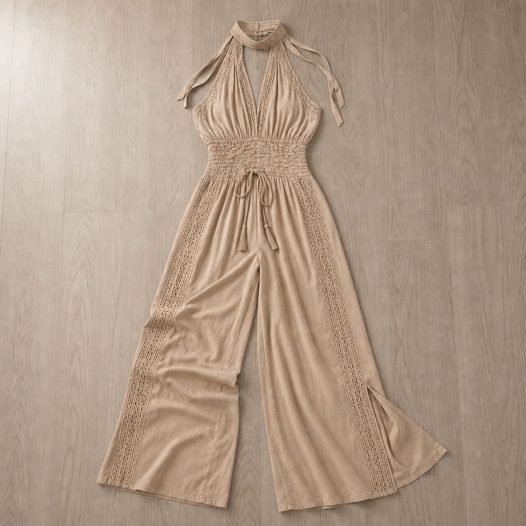 Sitia Lace Panel Halter Jumpsuit in Sand Beige