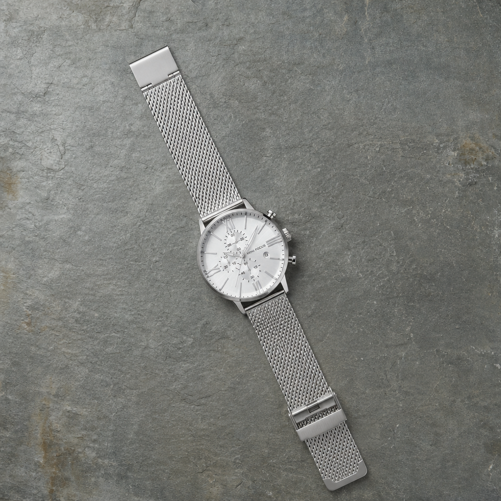 Girona Blue Mesh Chronograph Watch in Silver