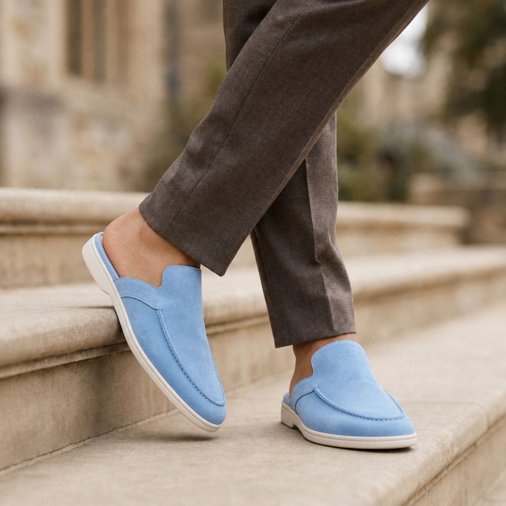 Nafplio Suede Loafer Mules in Sky