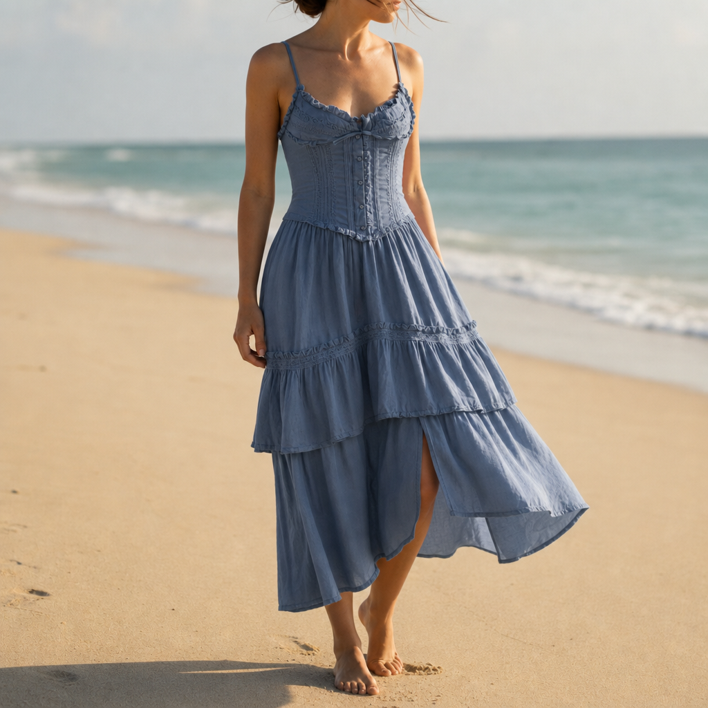 Hyeres Corset Tiered Midi Dress in Slate Blue