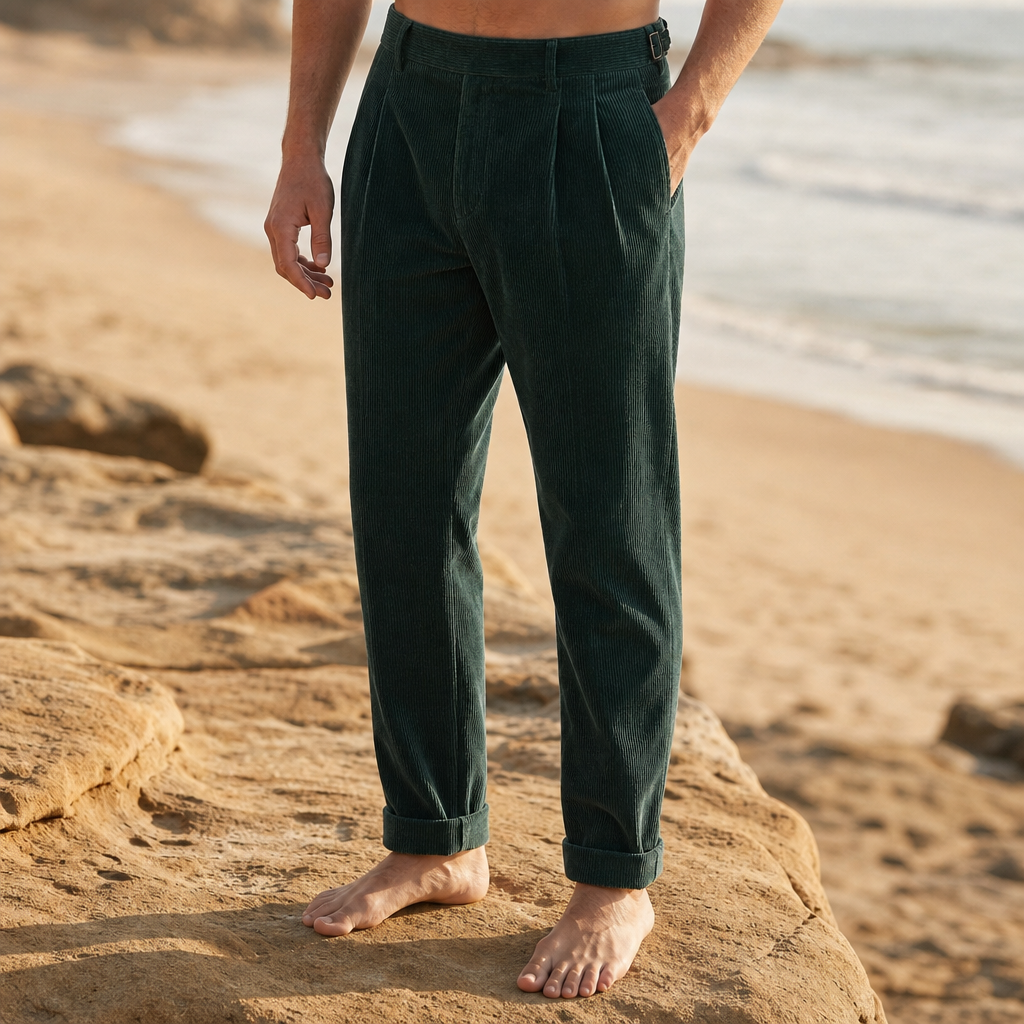 Calvi Pleated Corduroy Trousers in Sporting Green