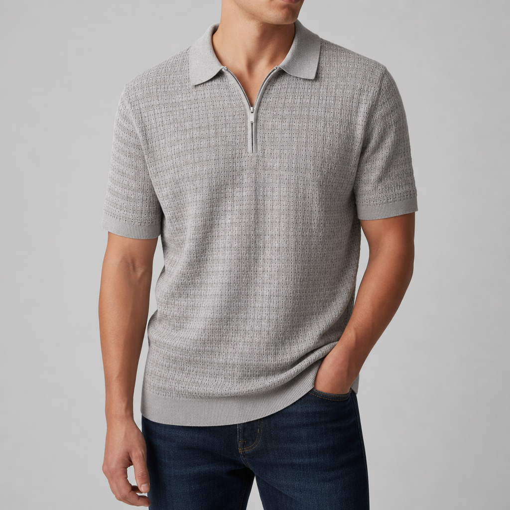 Rhodes Textured Knit Zip Polo in Stone Gray