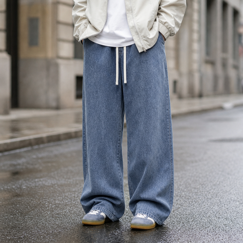 Peniscola Wide-Leg Drawstring Jeans in Vintage Blue