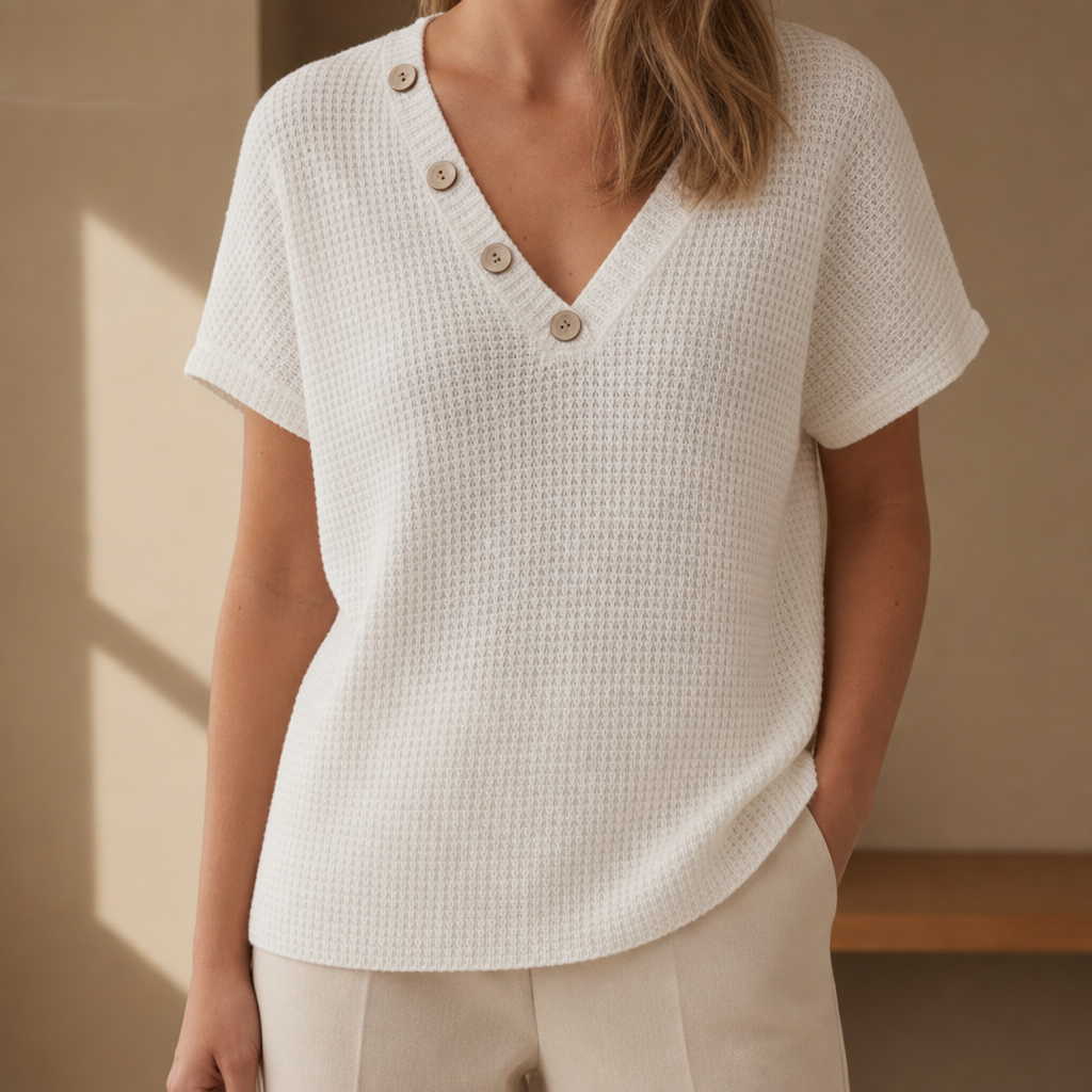 Biot Waffle Knit Button Top in White