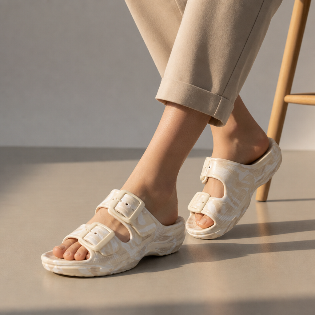 Formentera Double Buckle Platform Slides in White