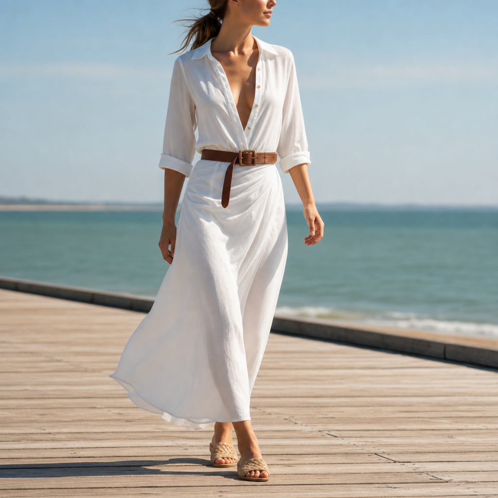 Obidos Belted Shirt Maxi Dress in White