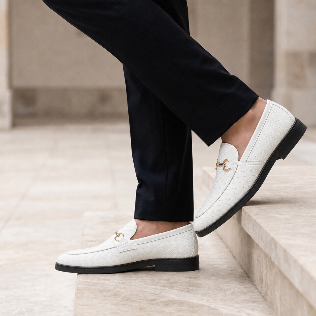 Carcassonne Woven Leather Horsebit Loafers in White