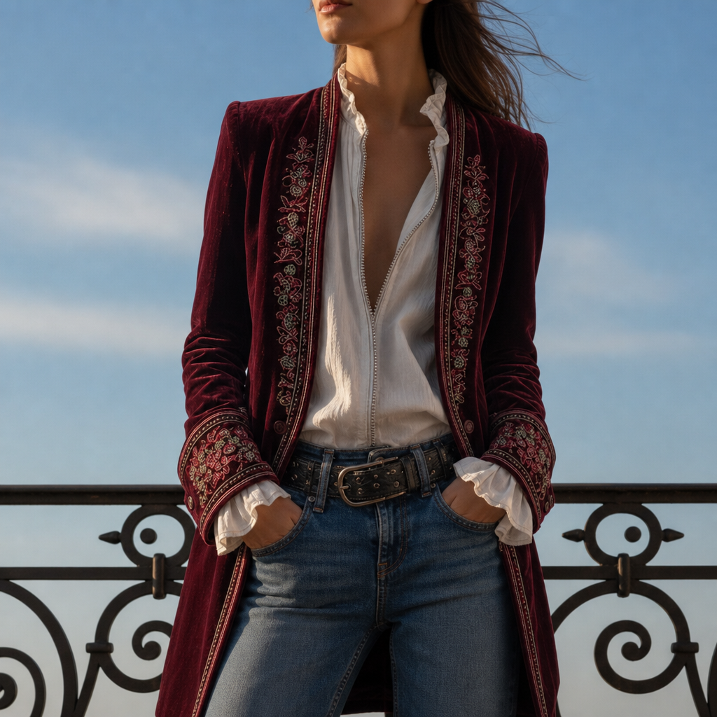 Coimbra Embroidered Velvet Long Jacket in Wind-red