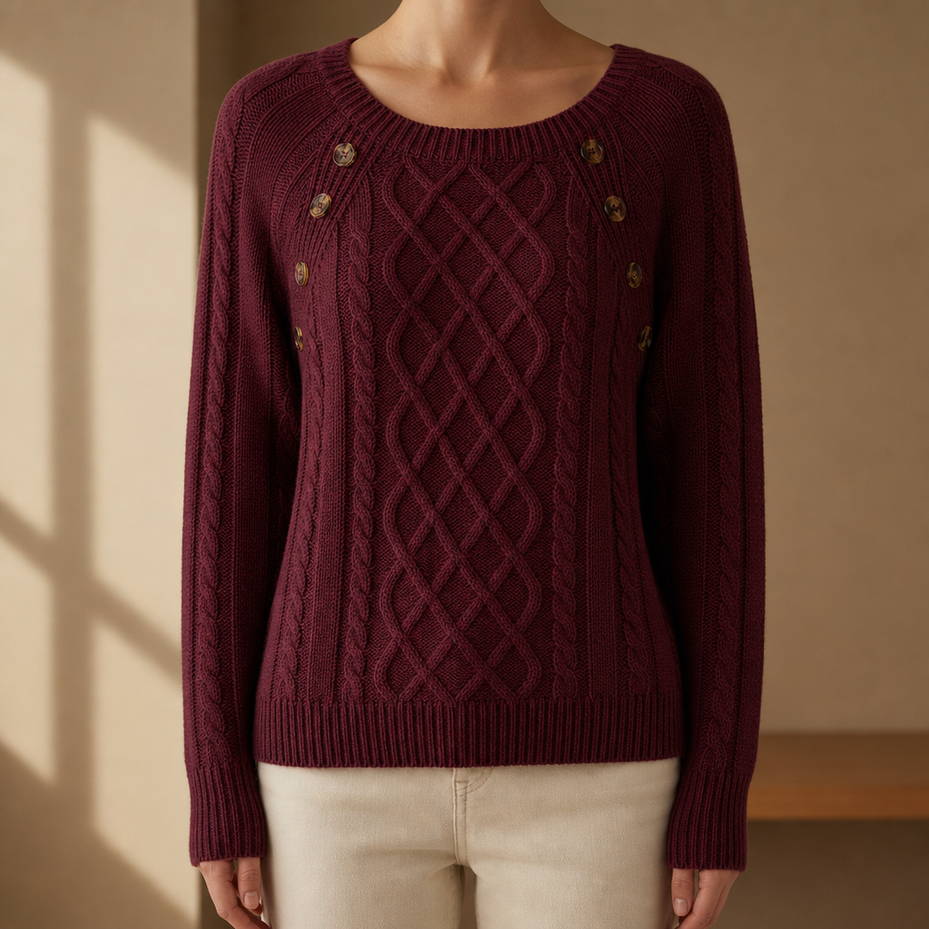 Porquerolles Cable Knit Button Sweater in Wine