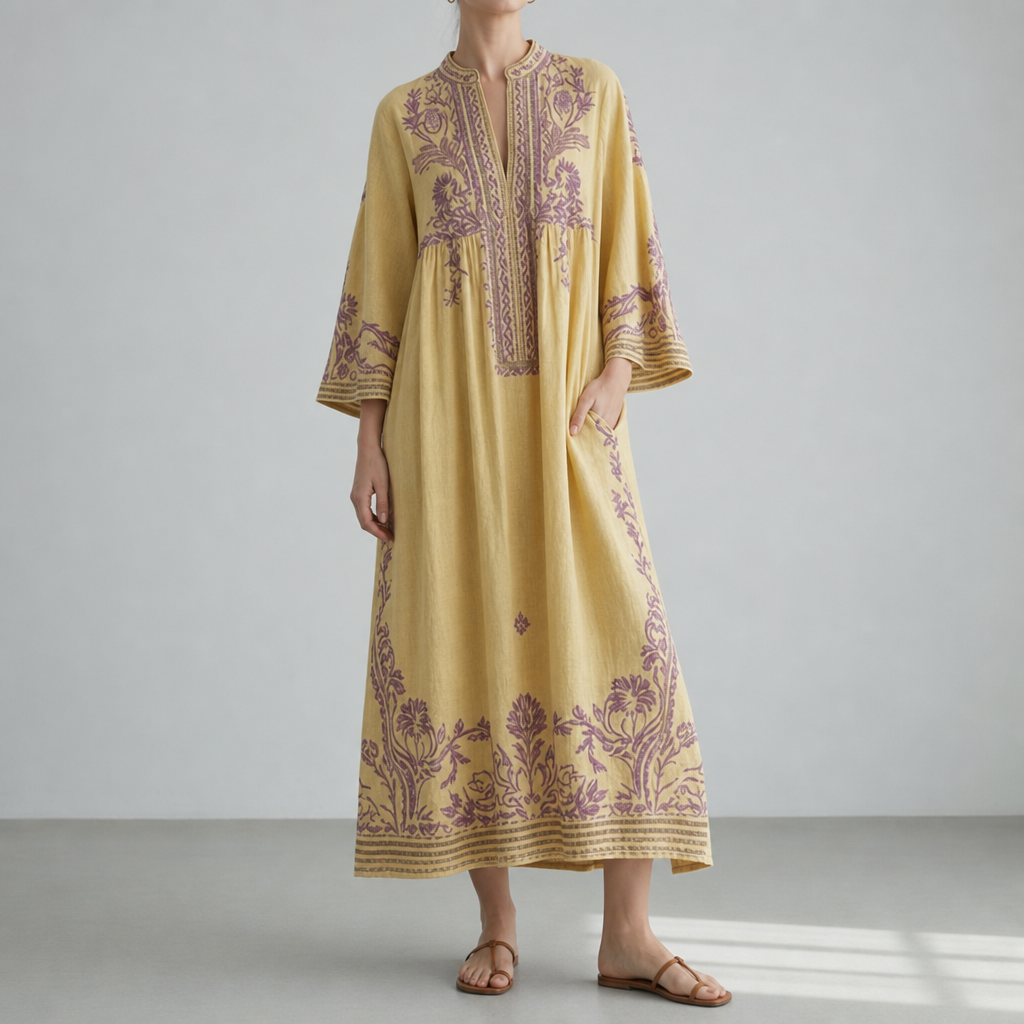 Porec Embroidered Boho Maxi Dress in Yellow