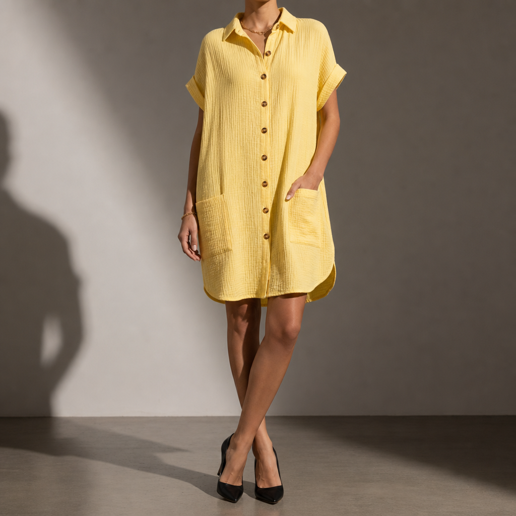 Modica Cotton Muslin Shirt Dress in Yellow
