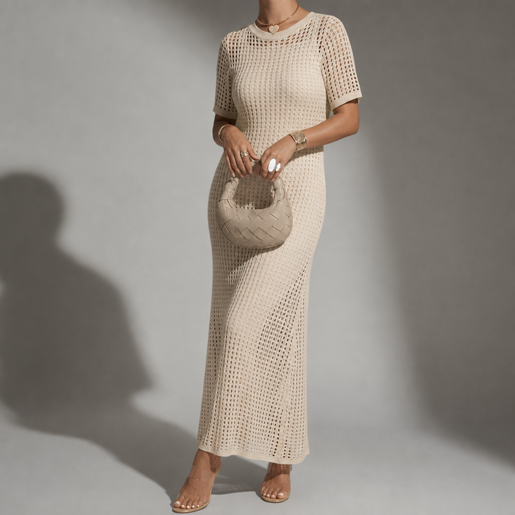 Mijas Crochet Hollow-Out Maxi Dress in Apricot