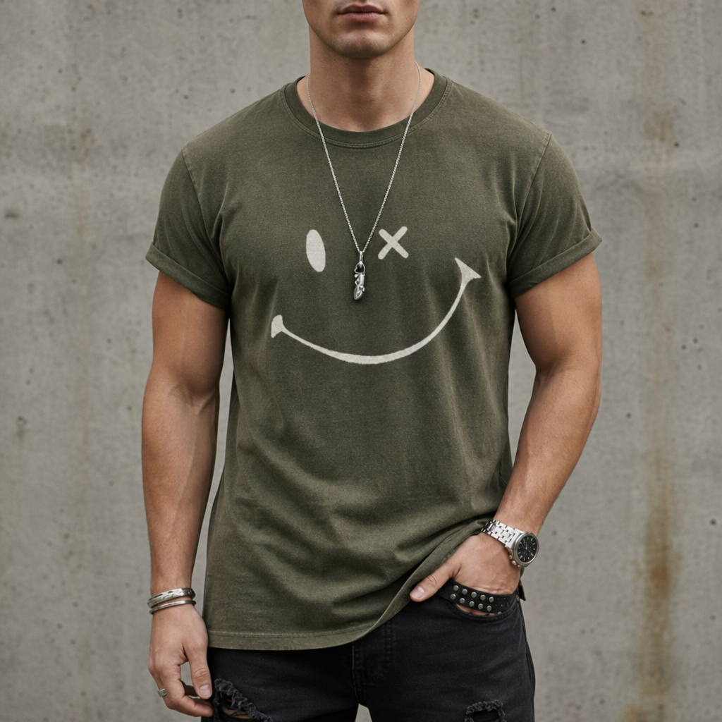 Santander Smiley Print T-Shirt in Army Green