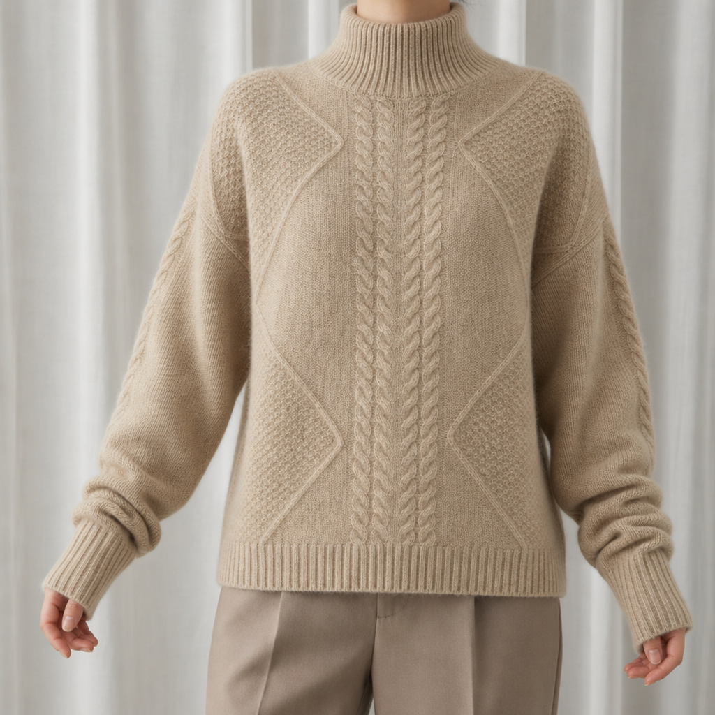 Paphos Cable Knit Cashmere Turtleneck in Beige