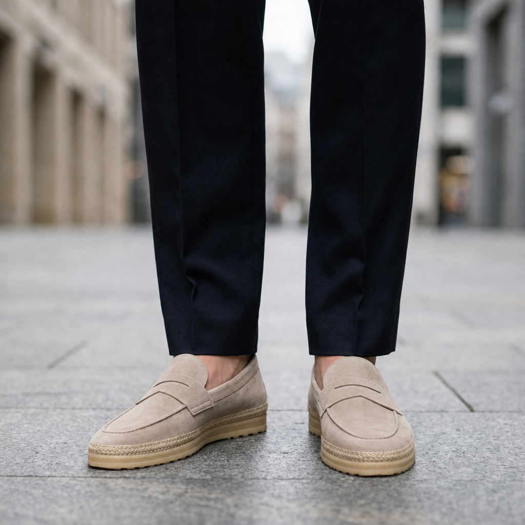 Tarifa Suede Espadrille Loafers in Beige