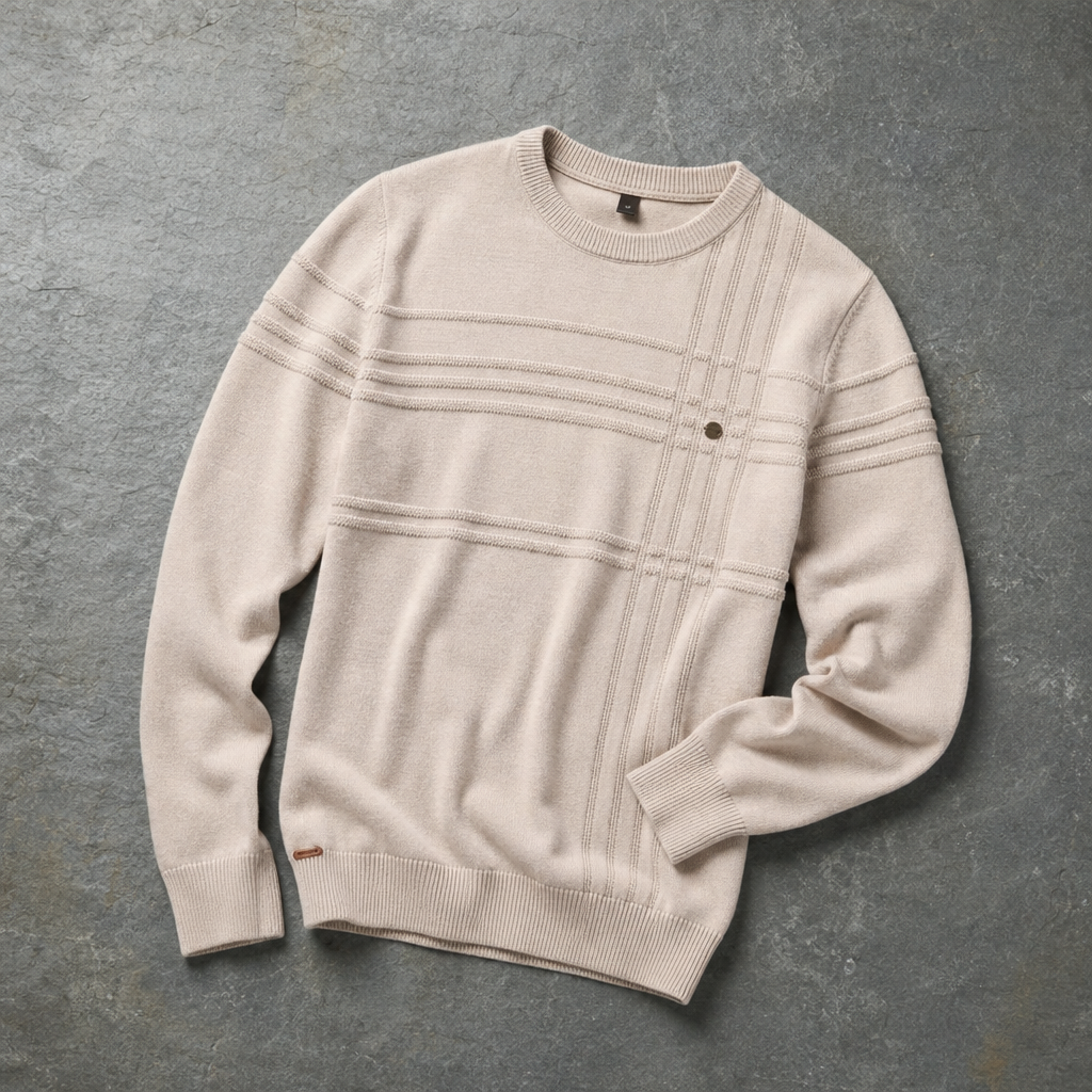 Mdina Grid-Knit Crew Sweater in Beige