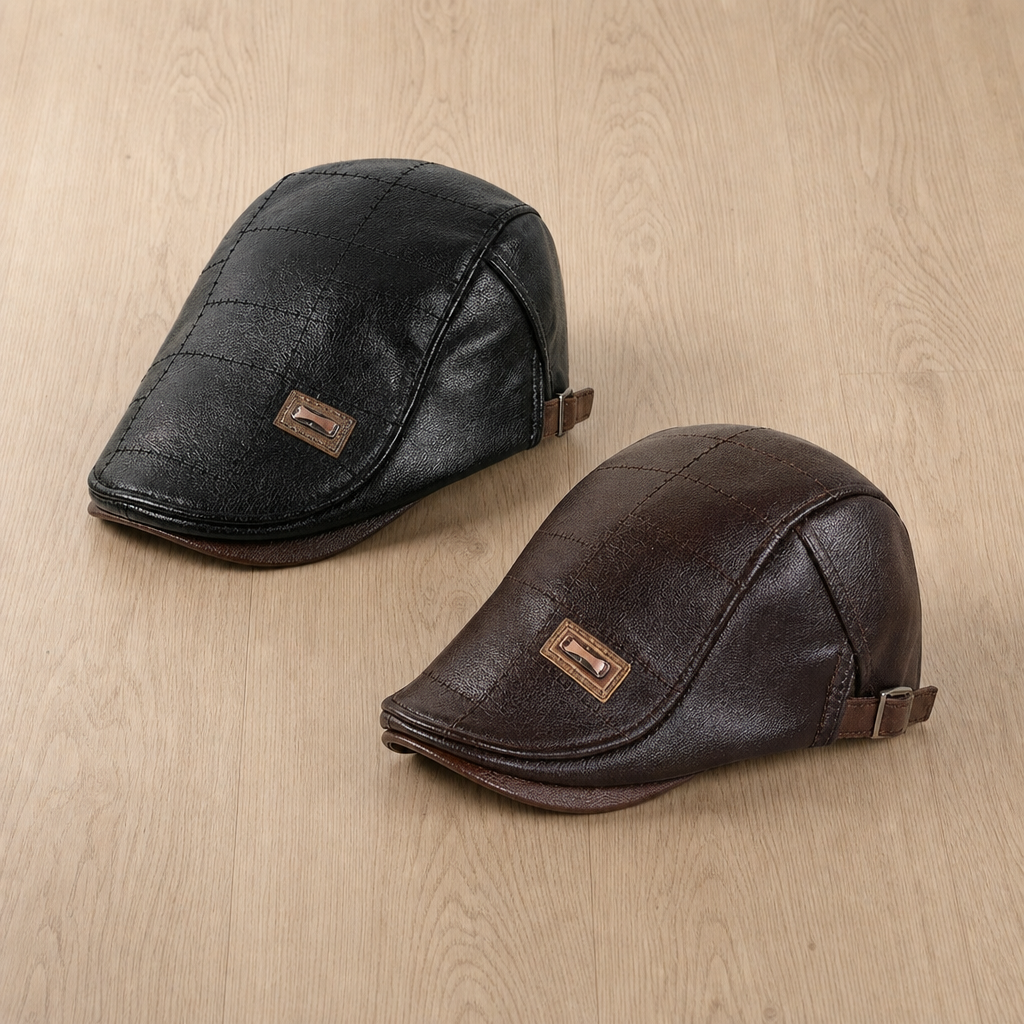 Lerici Leather Fleece Beret Cap in Black+Dark brown