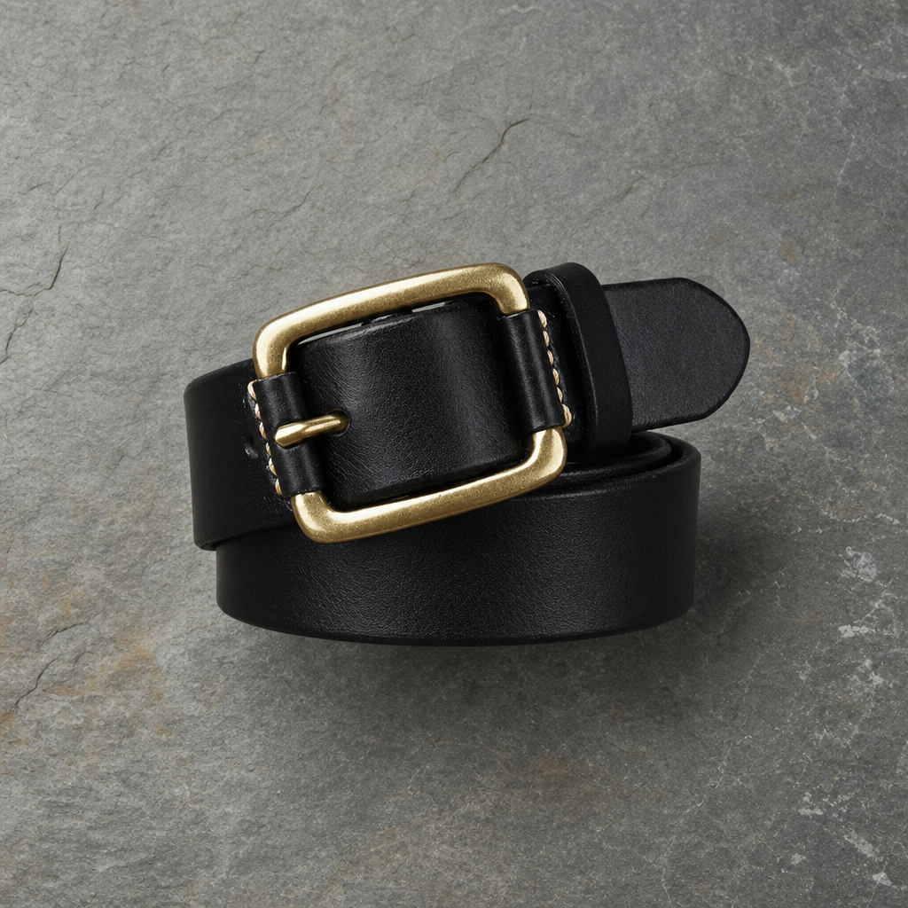 Mougins Brass Buckle Leather Belt in Black