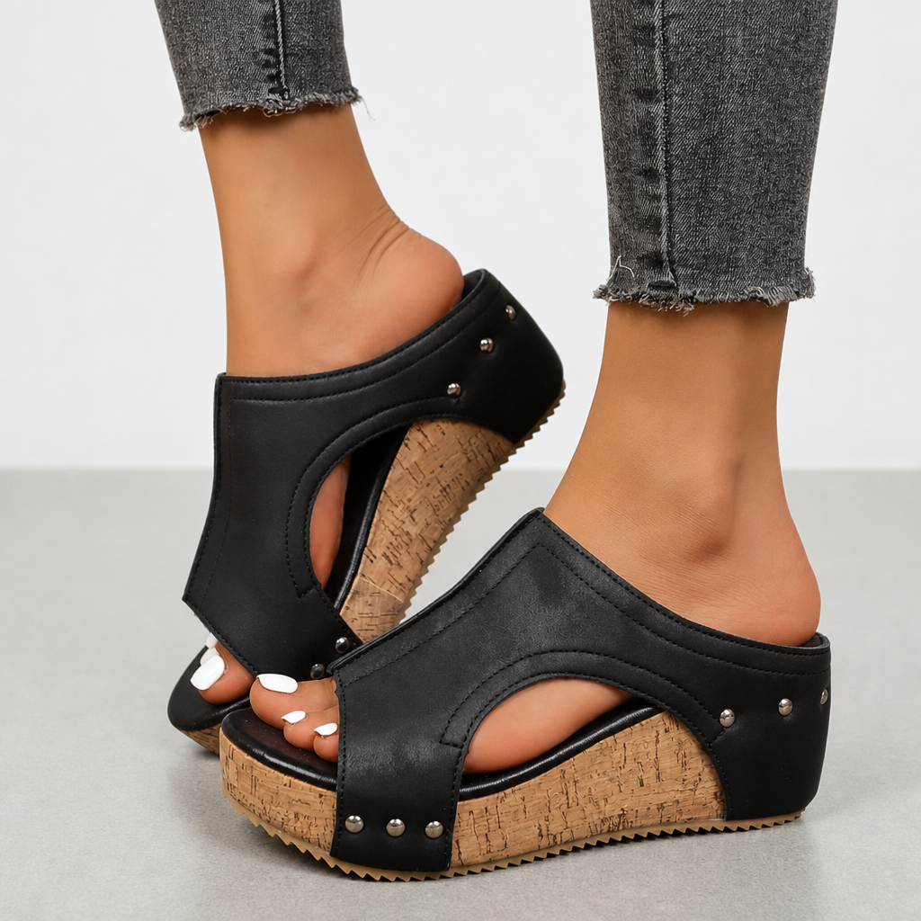 Opatija Cork Wedge Mules in Black