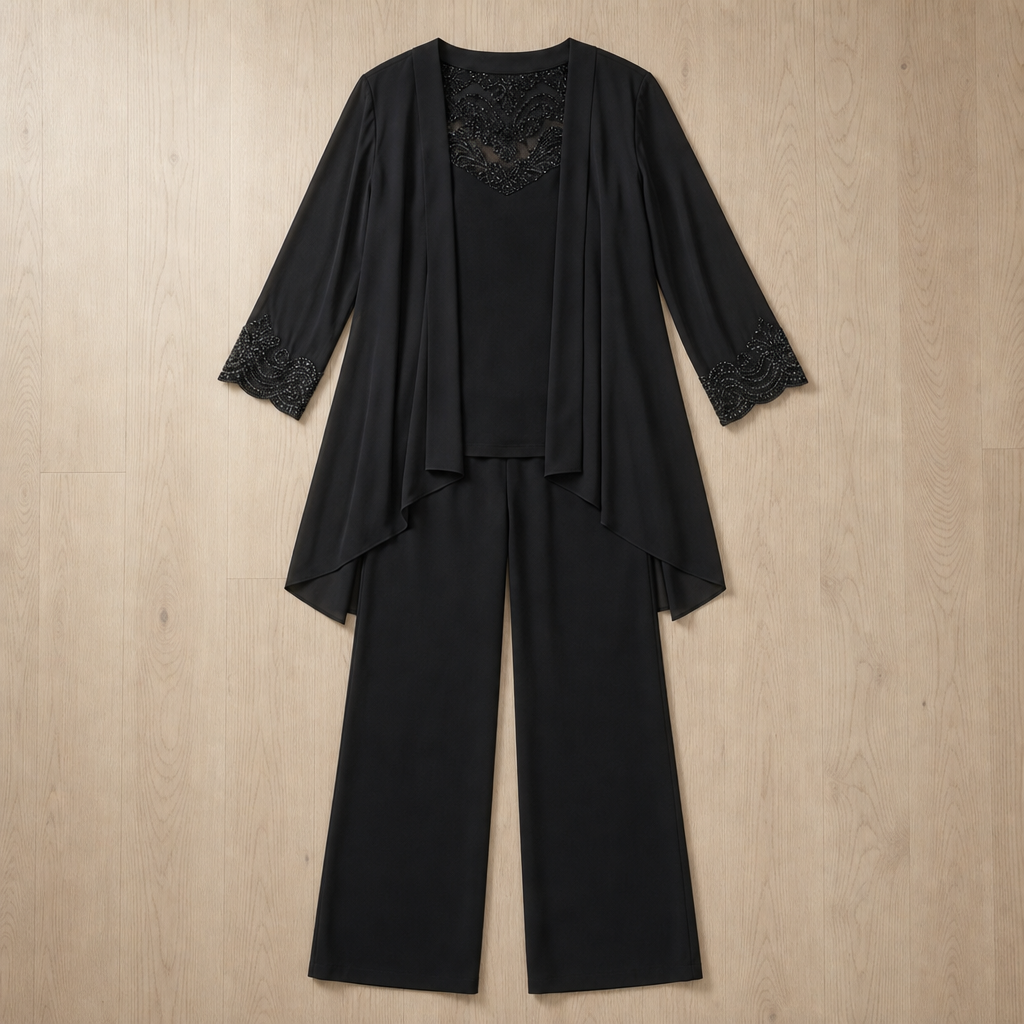 Poros Chiffon Three-Piece Suit in Black