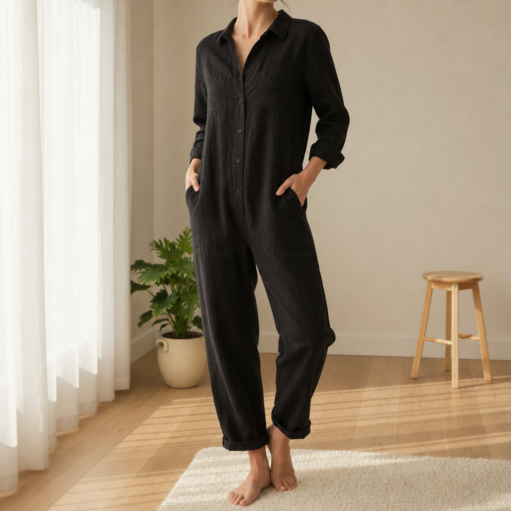 Skiathos Linen Button Jumpsuit in Black