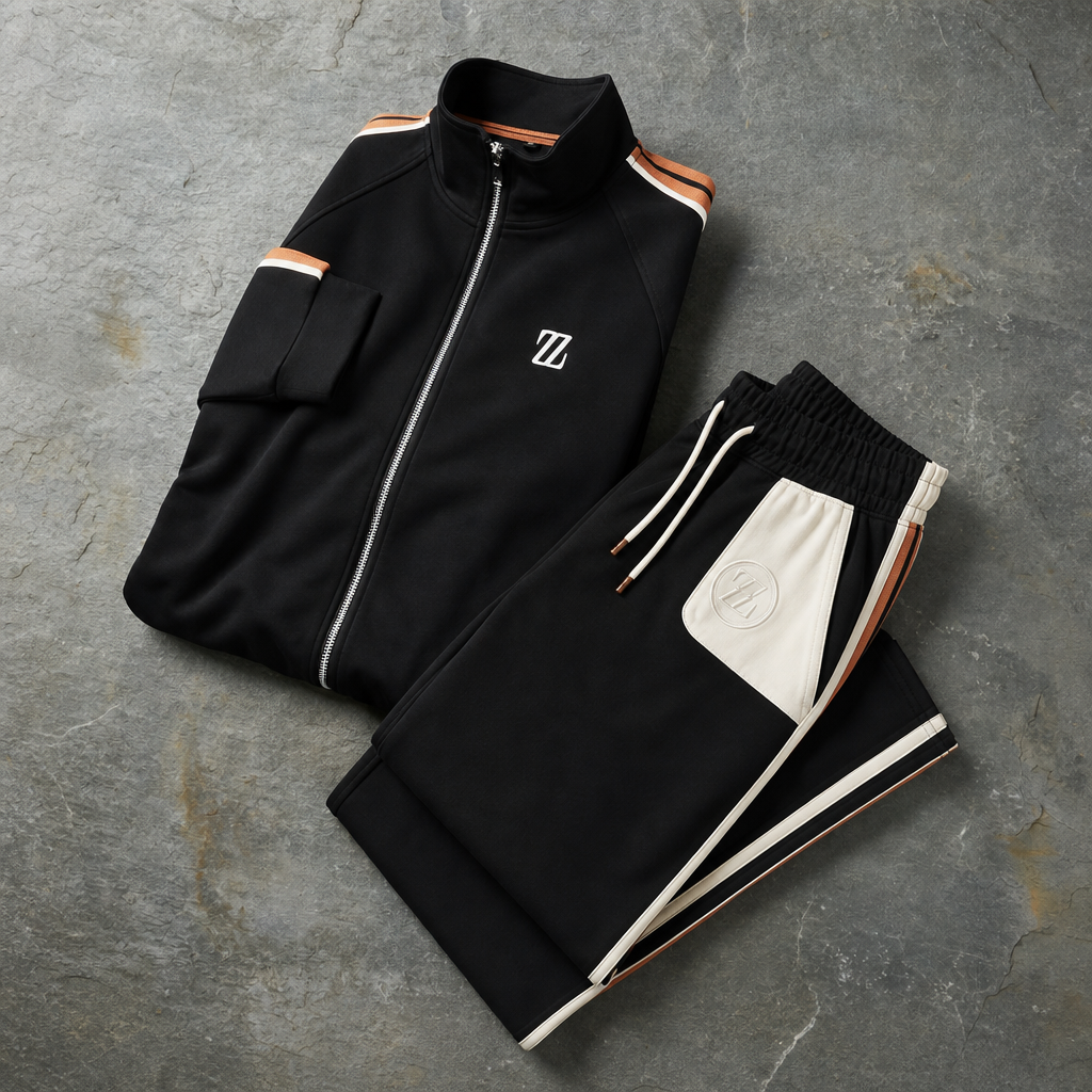 Rethymno Embroidered Zip Tracksuit Set in Black