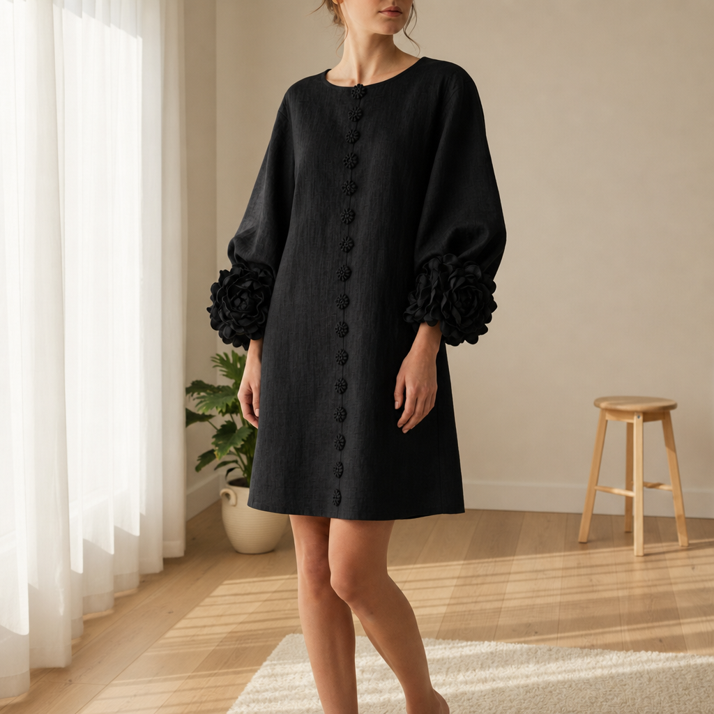 Marvao Rosette Cuff Linen Dress in Black