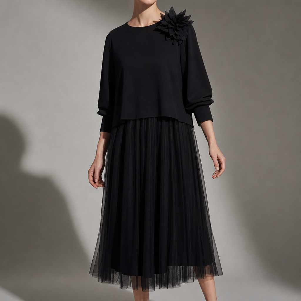 Ios Layered Tulle Midi Dress in Black
