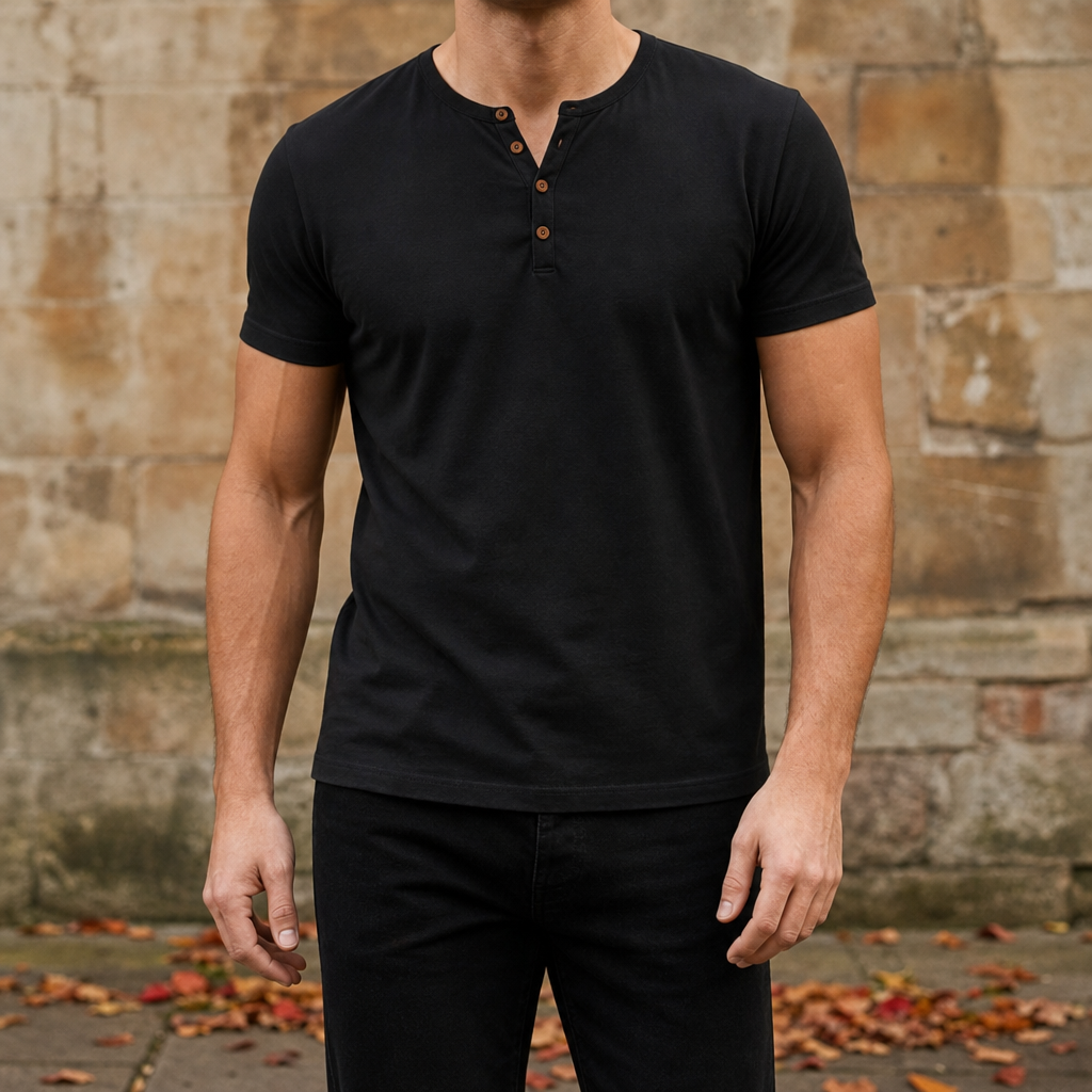Amalfi Slim Fit Henley Tee in Black